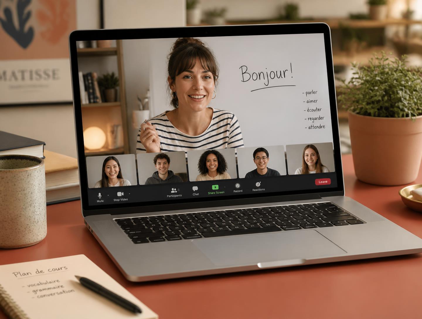 A live online French lesson on a laptop, with a native French teacher and students connected